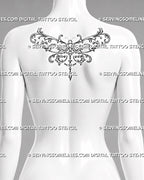 Baroque dragonfly tattoo shown at the center of a woman’s upper back with ornate symmetrical wings, curling filigree, and a vertical jeweled drop