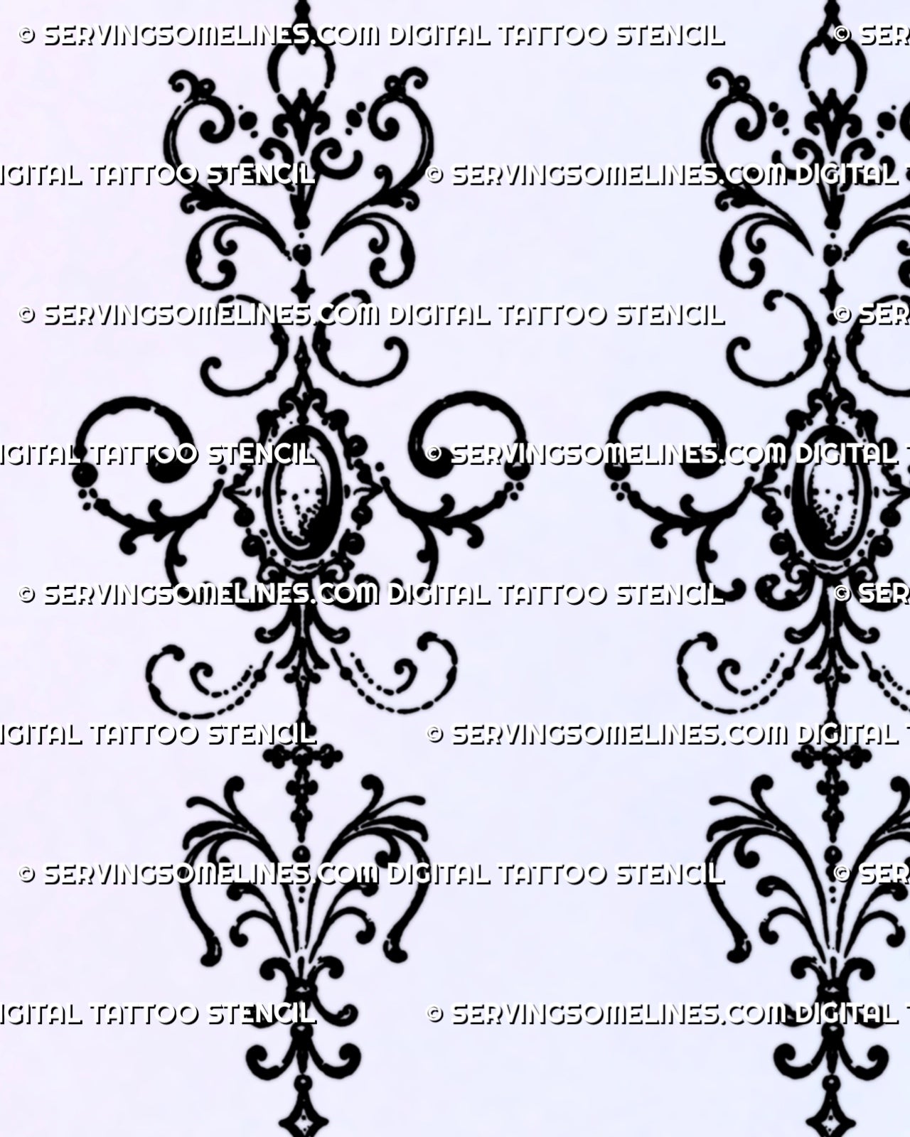 Close-up of Baroque filigree tattoo details with oval pendant-like centre, curling blackwork scrolls, dotted accents, pointed star, and hanging teardrop ornament