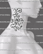 Baroque rose tattoo shown on the female side neck with the flower below the ear and tall filigree scrollwork following the neck