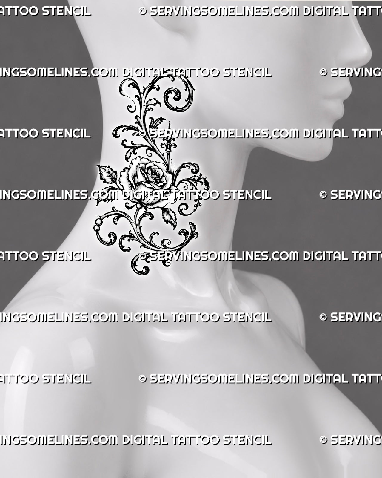 Baroque rose tattoo shown on the female side neck with the flower below the ear and tall filigree scrollwork following the neck