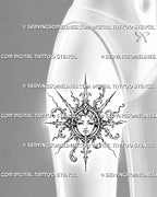 Baroque sun goddess tattoo shown on the front of a woman’s thigh with a detailed feminine portrait, acanthus filigree, and an ornate sunburst frame