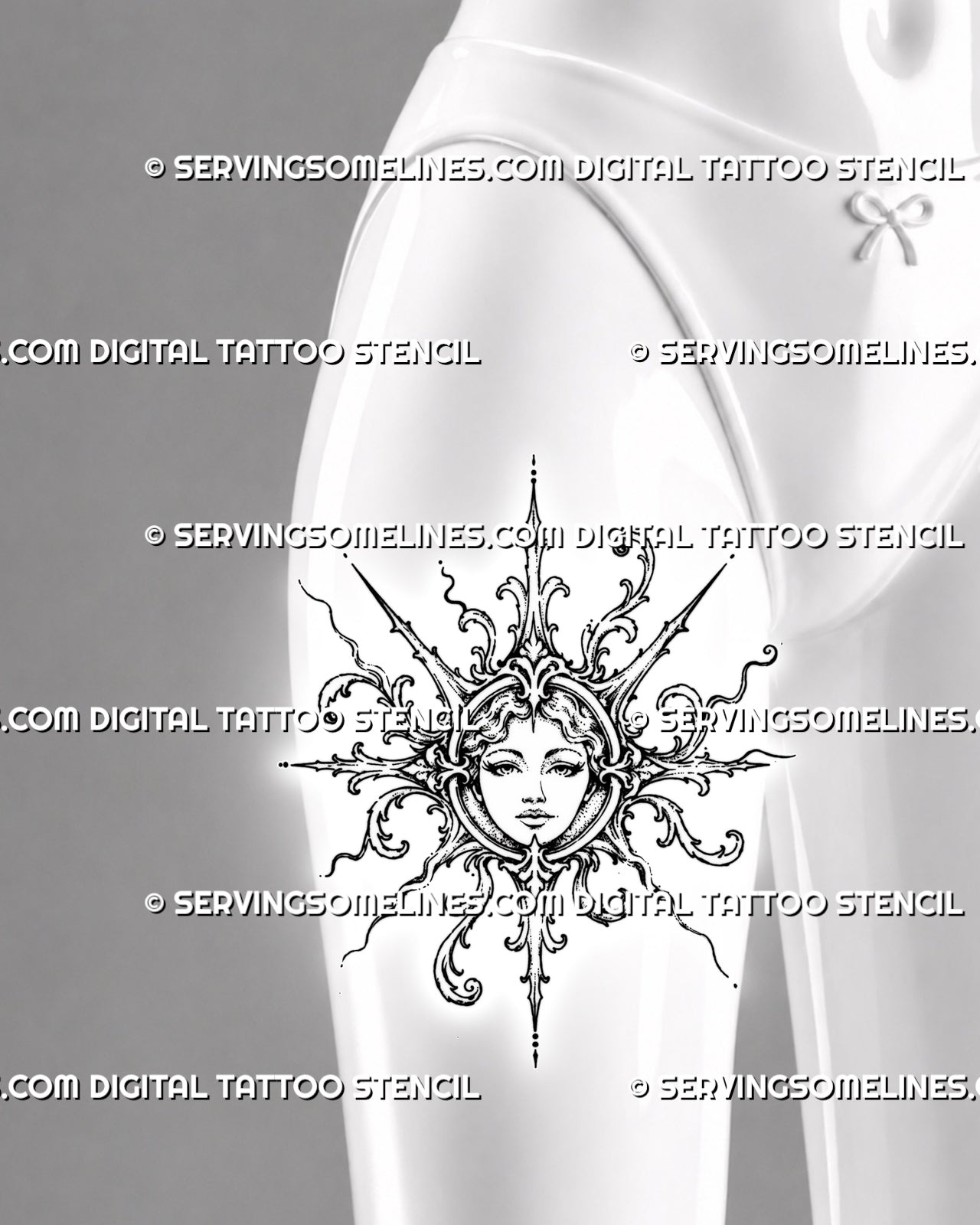 Baroque sun goddess tattoo shown on the front of a woman’s thigh with a detailed feminine portrait, acanthus filigree, and an ornate sunburst frame