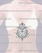 Baroque swan heart tattoo shown on a woman’s sternum with two facing swans, heart-shaped necks, acanthus-inspired scrollwork, pointed stars, and vertical ornament