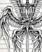 Biblical angel back tattoo close-up showing central eye, vertical sword detail, layered wings, and clean black linework.