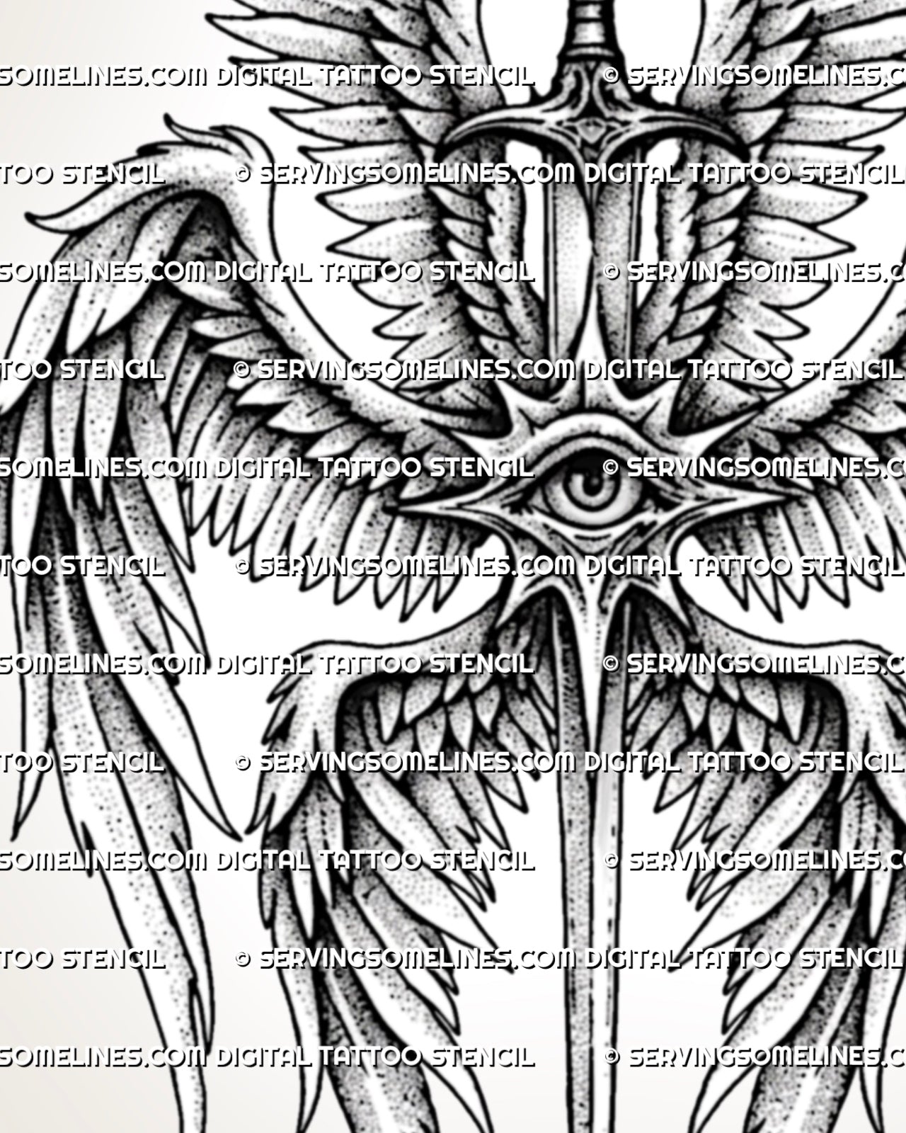 Biblical angel back tattoo close-up showing central eye, vertical sword detail, layered wings, and clean black linework.