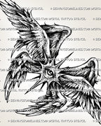 Biblical angel chest tattoo stencil with central eye, wide feathered wings, starburst detail, and printable design file.