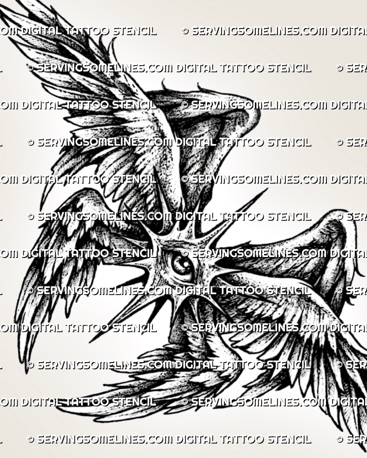 Biblical angel chest tattoo stencil with central eye, wide feathered wings, starburst detail, and printable design file.