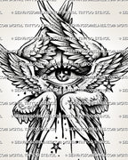 Biblical angel eye tattoo stencil with six-winged structure, stacked feathers, star details, and clean printable layout.