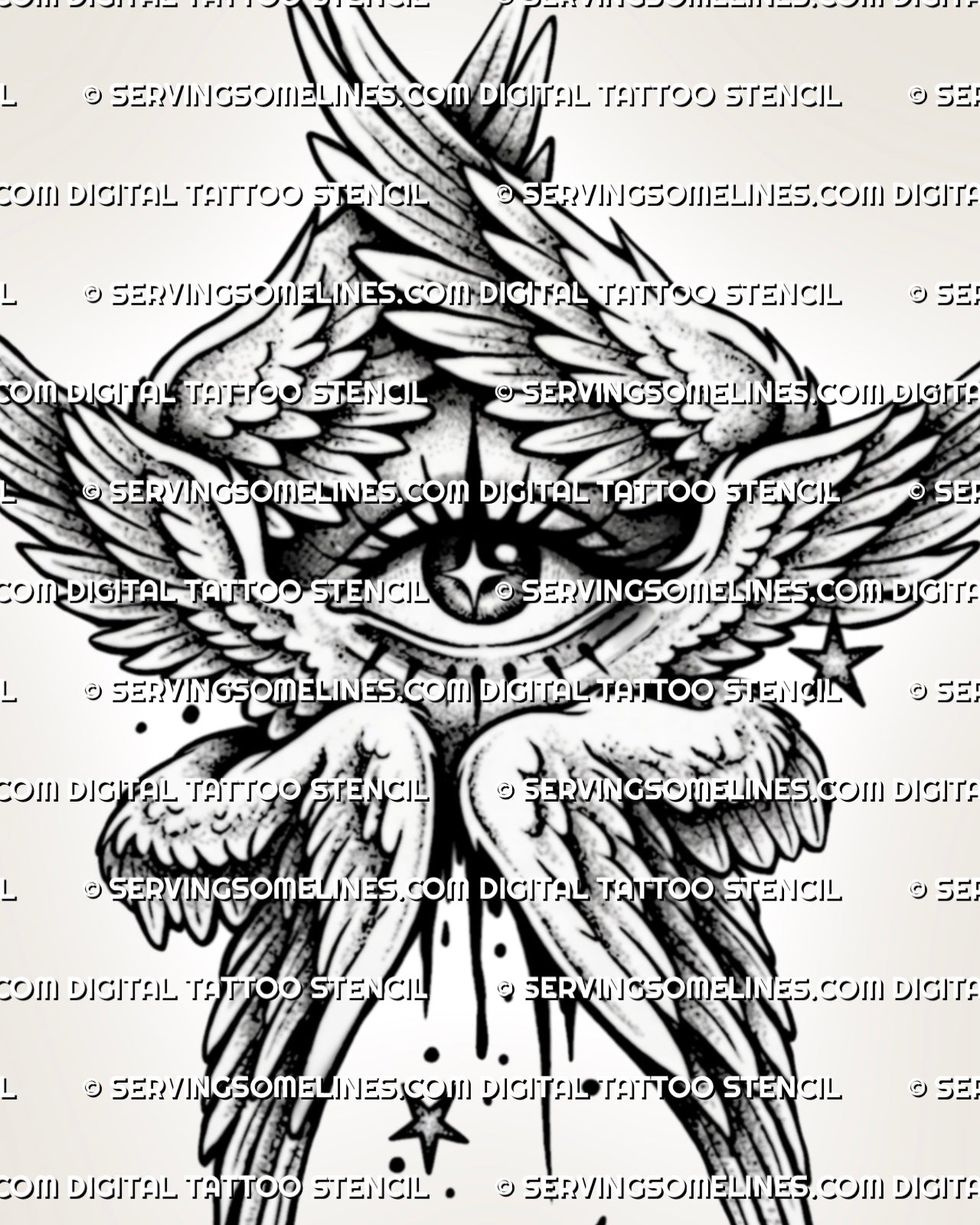 Biblical angel eye tattoo stencil with six-winged structure, stacked feathers, star details, and clean printable layout.