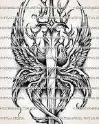 Biblical angel sword tattoo stencil with wing eyes, layered feathers, flame-like linework, and clean printable layout