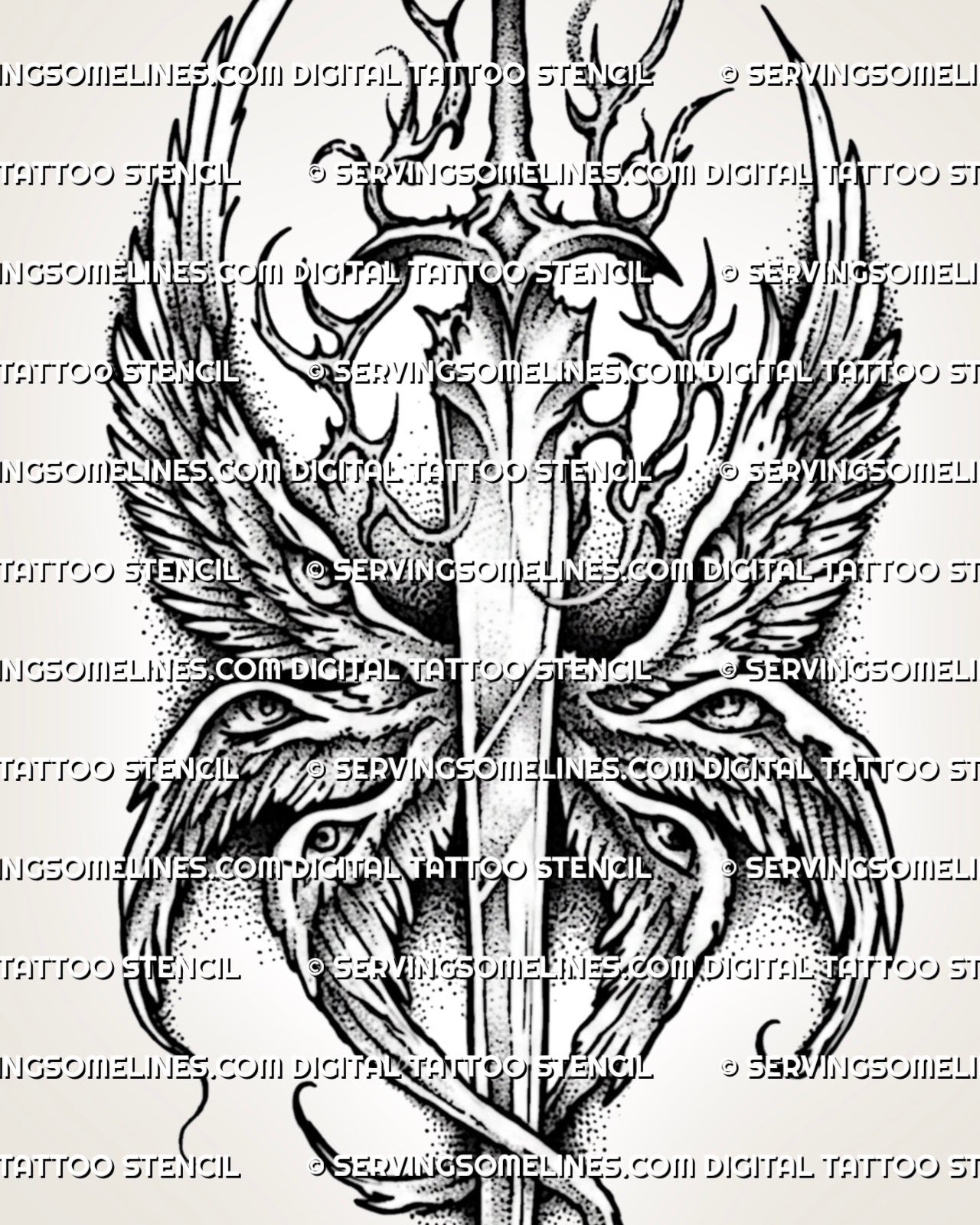 Biblical angel sword tattoo stencil with wing eyes, layered feathers, flame-like linework, and clean printable layout