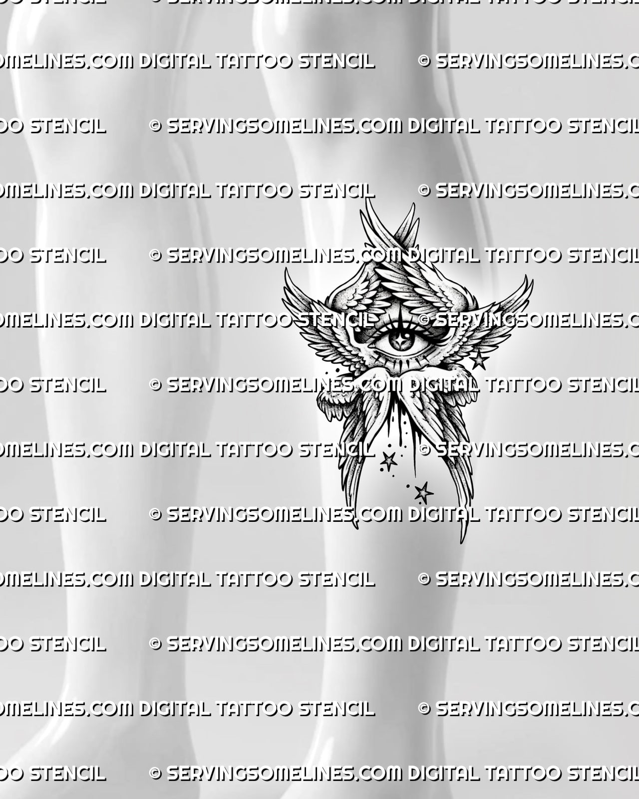 Biblical angel tattoo stencil shown on calf placement, with central eye, six-winged form, and readable vertical layout.