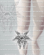 Biblical angel tattoo stencil shown on shin placement, with seraphim eye, layered wings, and vertical readable structure.