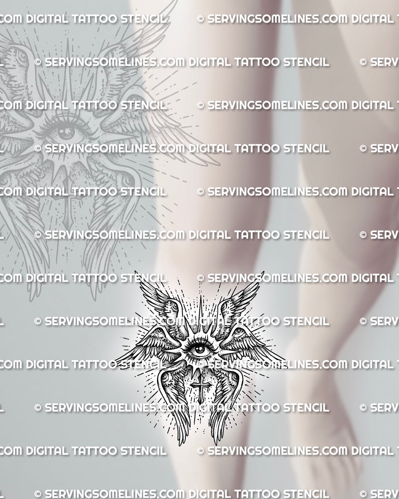 Biblical angel tattoo stencil shown on shin placement, with seraphim eye, layered wings, and vertical readable structure.