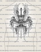 Biblical seraphim backpiece tattoo shown on mens back, with wing spread, central eye, and sword-led vertical layout. 