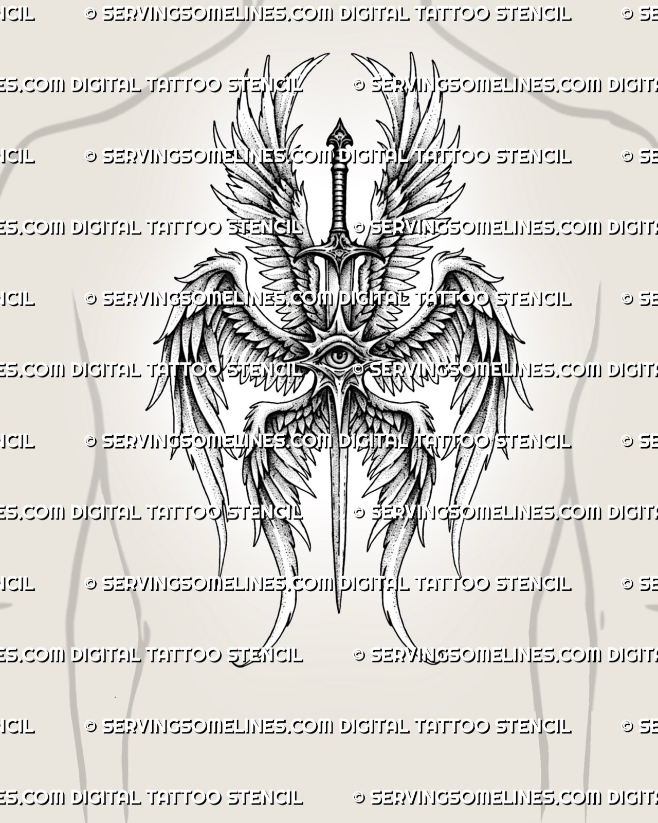 Biblical seraphim backpiece tattoo shown on mens back, with wing spread, central eye, and sword-led vertical layout. 