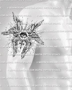 Biblical seraphim tattoo shown on mens upper arm placement, with layered angel wings, central eye, and readable linework.