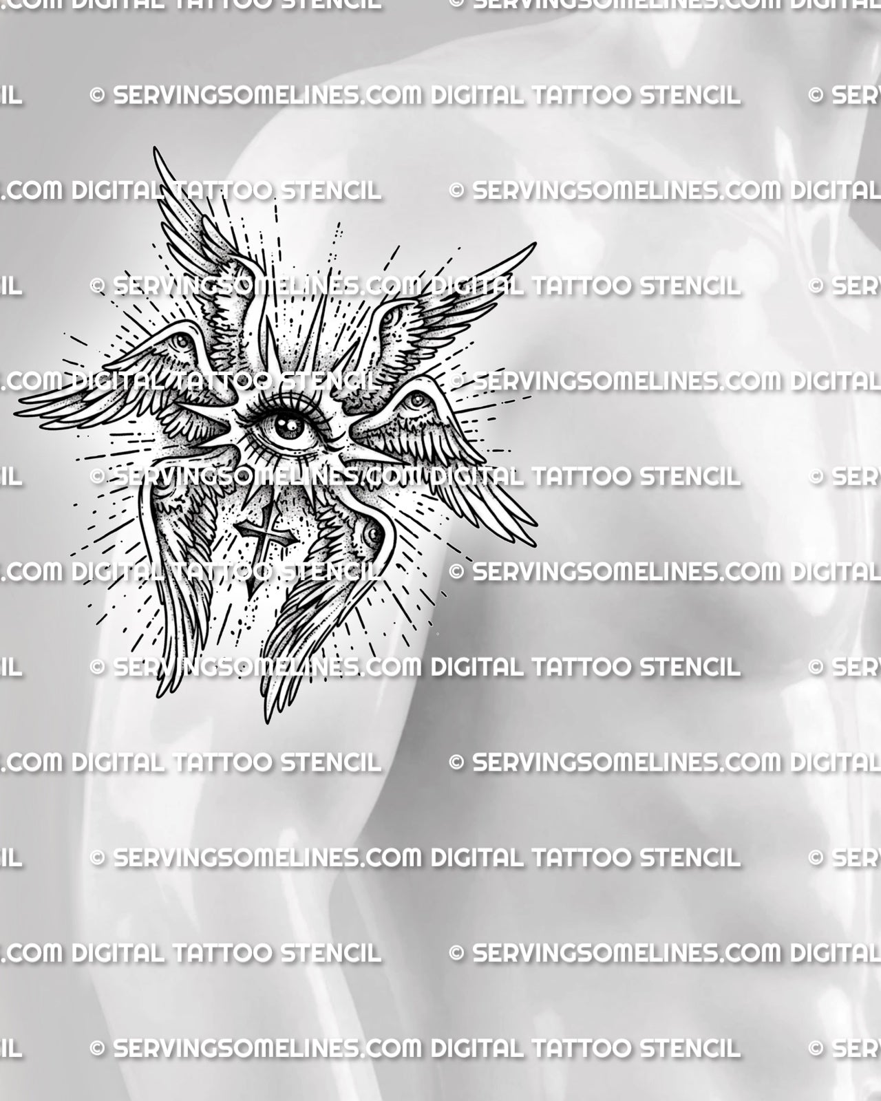 Biblical seraphim tattoo shown on mens upper arm placement, with layered angel wings, central eye, and readable linework.