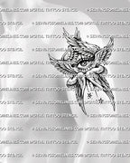 Biblically accurate angel tattoo shown on mens bicep placement, with central eye, stacked wings, and star accents. 