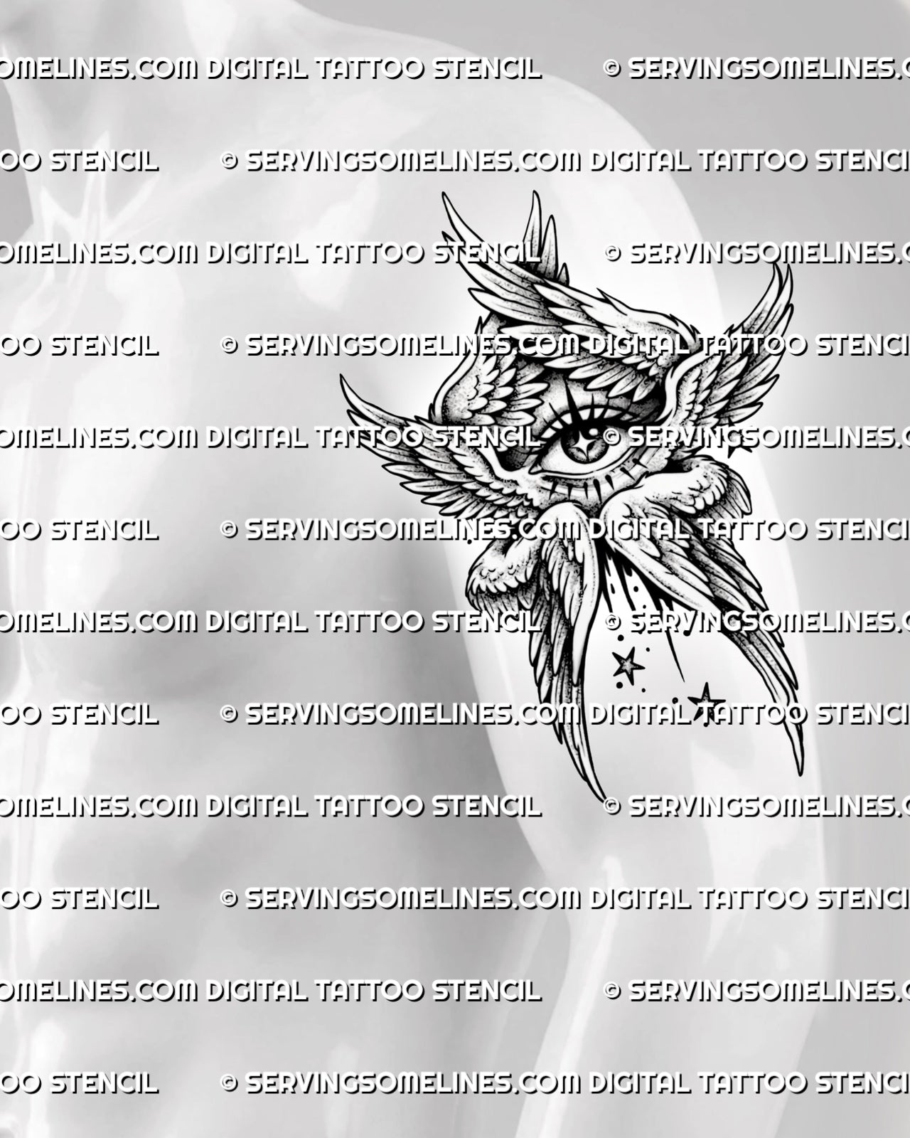 Biblically accurate angel tattoo shown on mens bicep placement, with central eye, stacked wings, and star accents. 