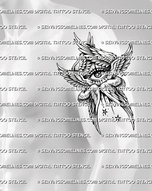 Biblically accurate angel tattoo shown on mens bicep placement, with central eye, stacked wings, and star accents. 