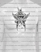 Biblically accurate angel tattoo shown on mens chest center placement, with watchful eye, layered wings, and bold stencil form. 