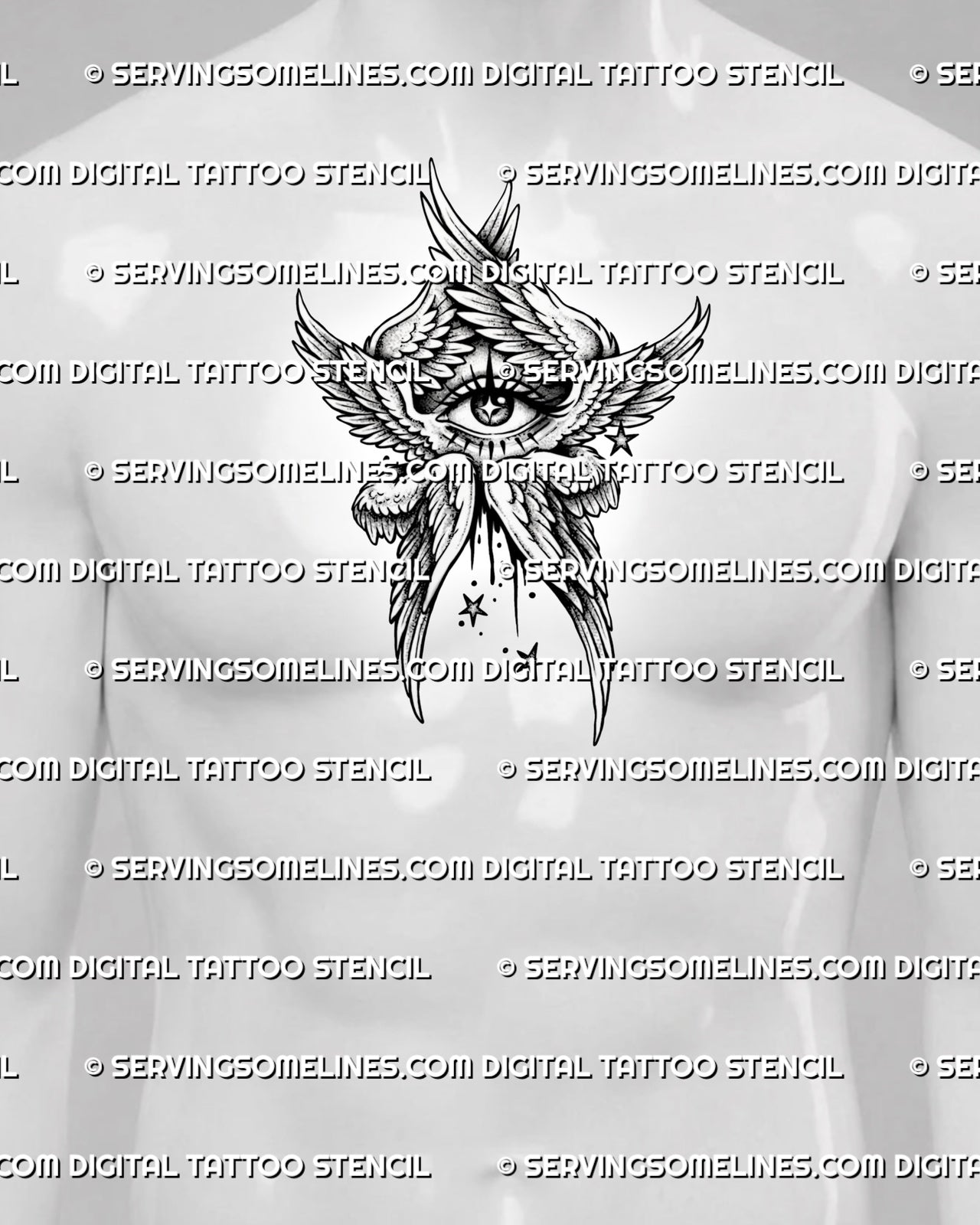 Biblically accurate angel tattoo shown on mens chest center placement, with watchful eye, layered wings, and bold stencil form. 