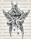 Biblically accurate angel tattoo stencil with central eye, six-winged structure, layered wings, stars, and printable design file.