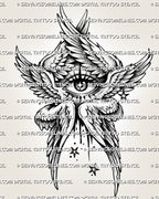 Biblically accurate angel tattoo stencil with central eye, six-winged structure, layered wings, stars, and printable design file.