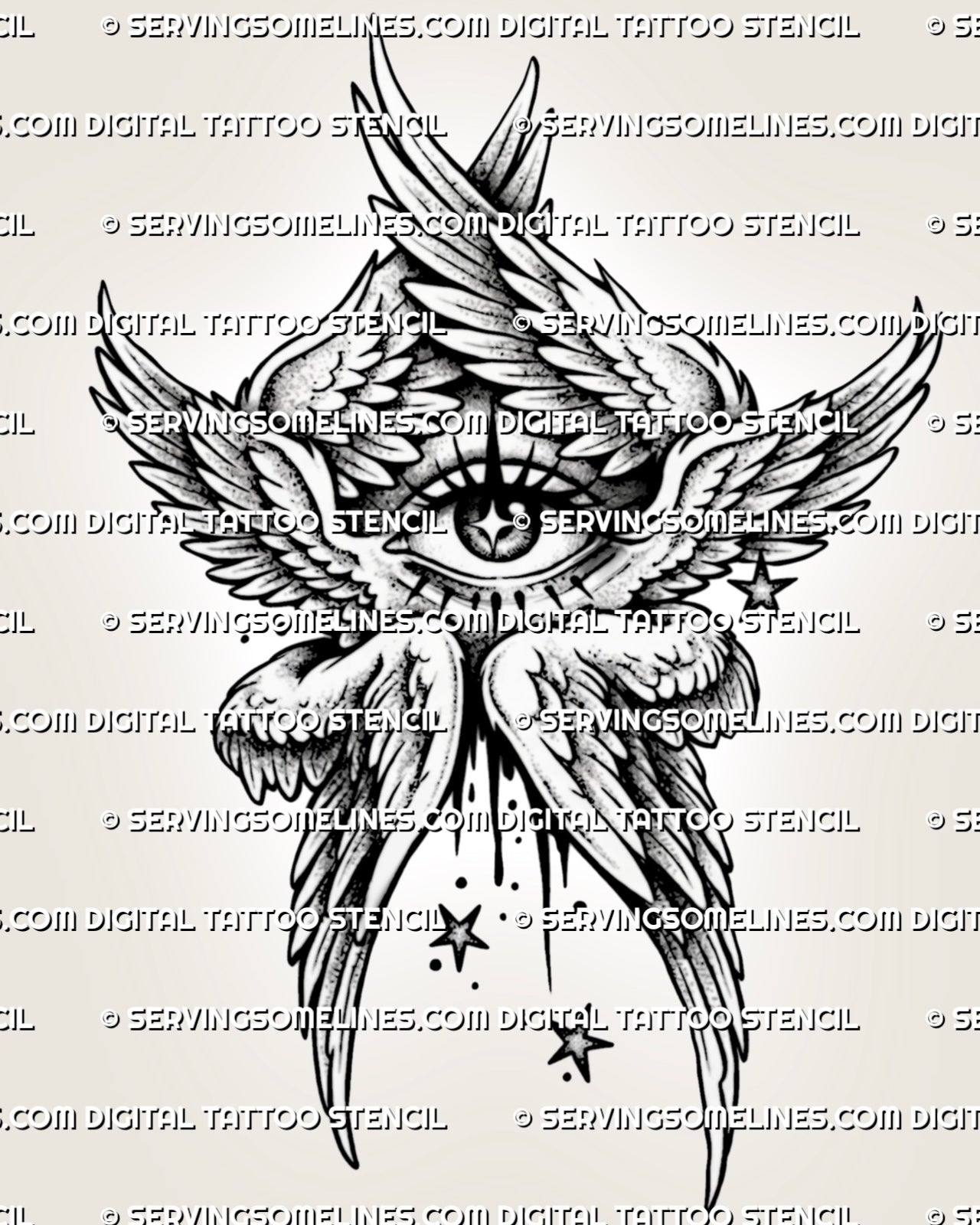 Biblically accurate angel tattoo stencil with central eye, six-winged structure, layered wings, stars, and printable design file.