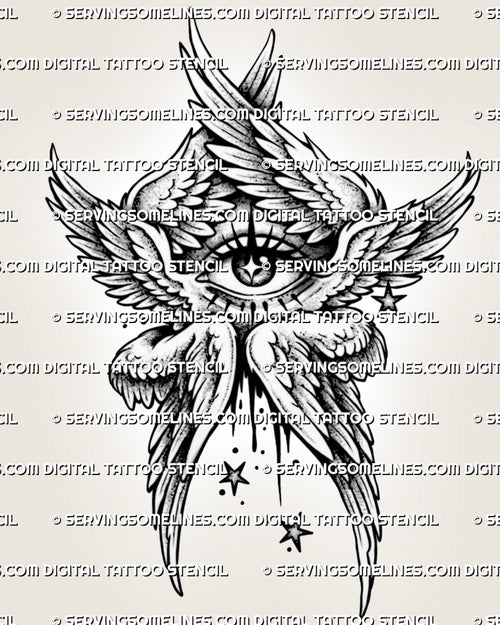 Biblically accurate angel tattoo stencil with central eye, six-winged structure, layered wings, stars, and printable design file.