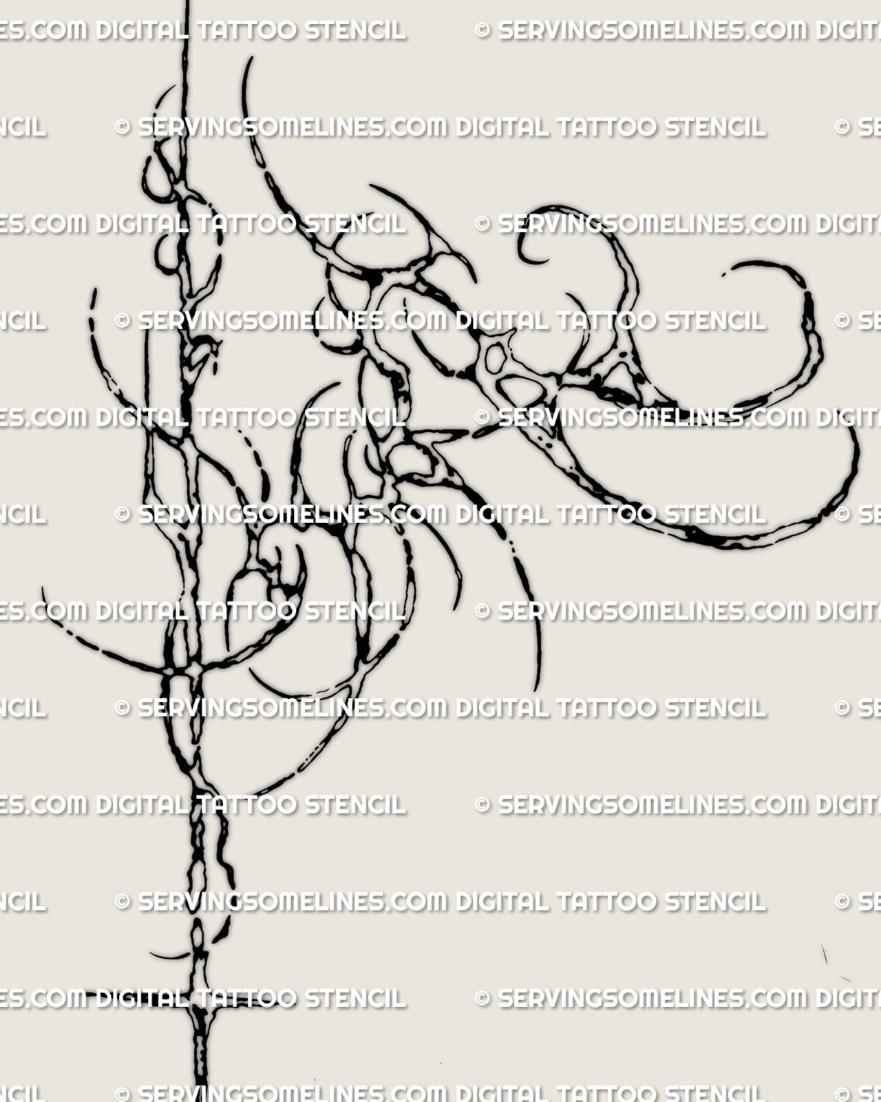 detailed close shot of biomech spine tattoo showing cyber organic linework and engineered tribal shapes for masculine back designs