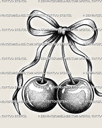 Black and white cherry bow tattoo stencil with shaded cherries, long ribbon tails, and printable tattoo design files.