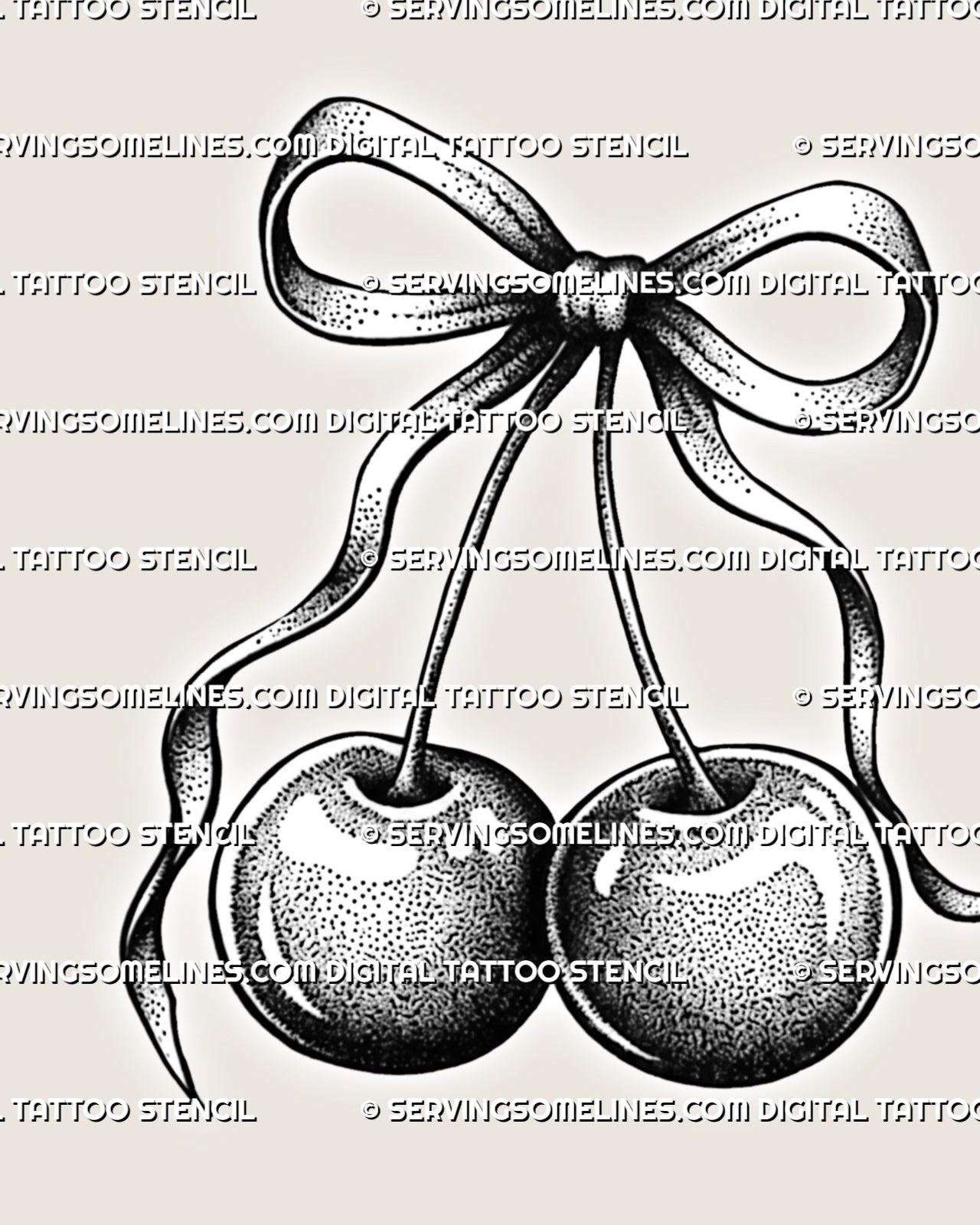 Black and white cherry bow tattoo stencil with shaded cherries, long ribbon tails, and printable tattoo design files.