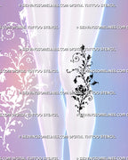 Black ink rose branch tattoo shown beside the knee with open rose, climbing botanical stem, swirling tendrils, and expressive hand-drawn floral linework