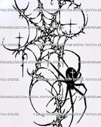 Close-up of black spider on web tattoo details with angular legs, four-point abdomen accent, thorn-like web junctions, curved threads, and cyber sigil linework