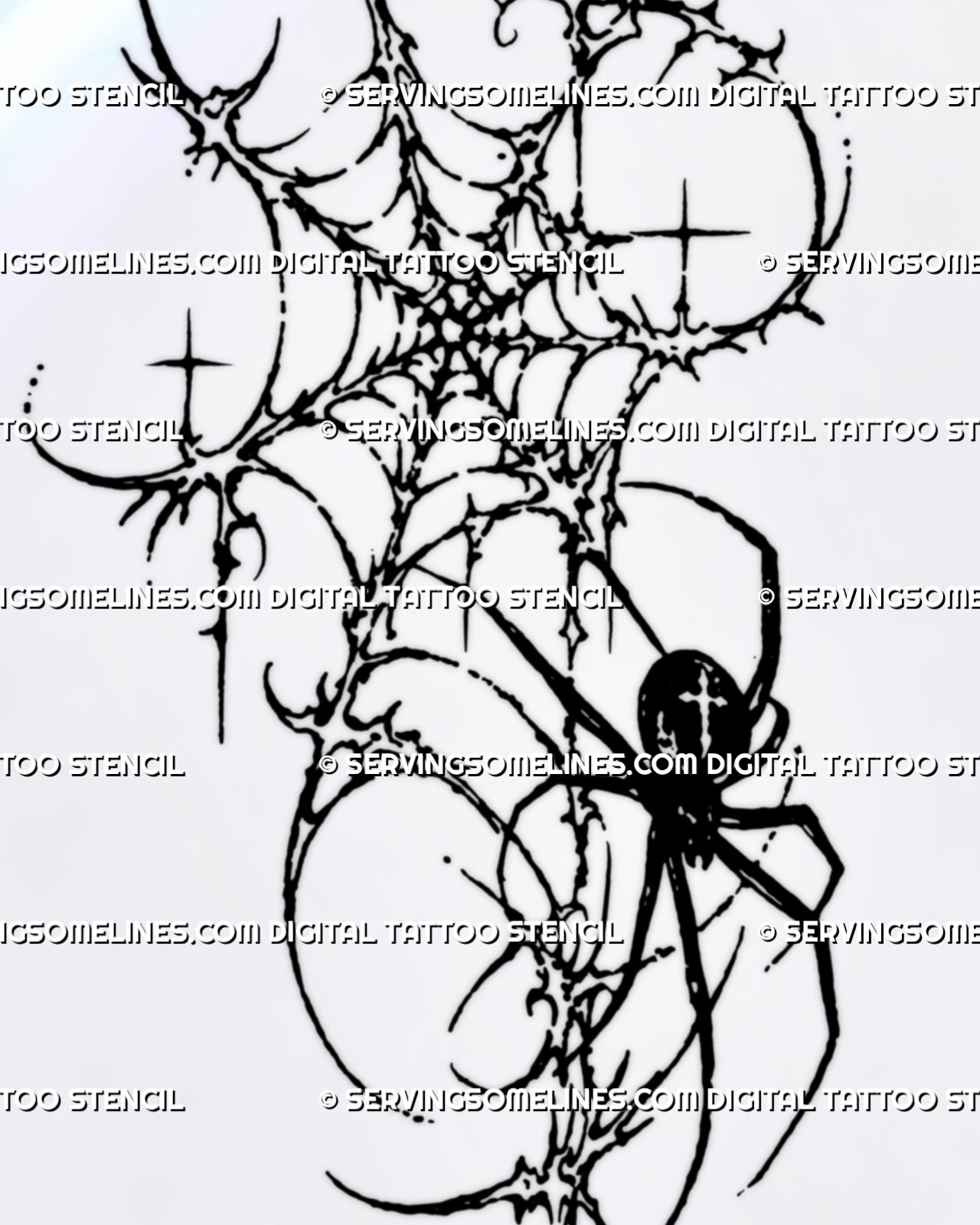 Close-up of black spider on web tattoo details with angular legs, four-point abdomen accent, thorn-like web junctions, curved threads, and cyber sigil linework