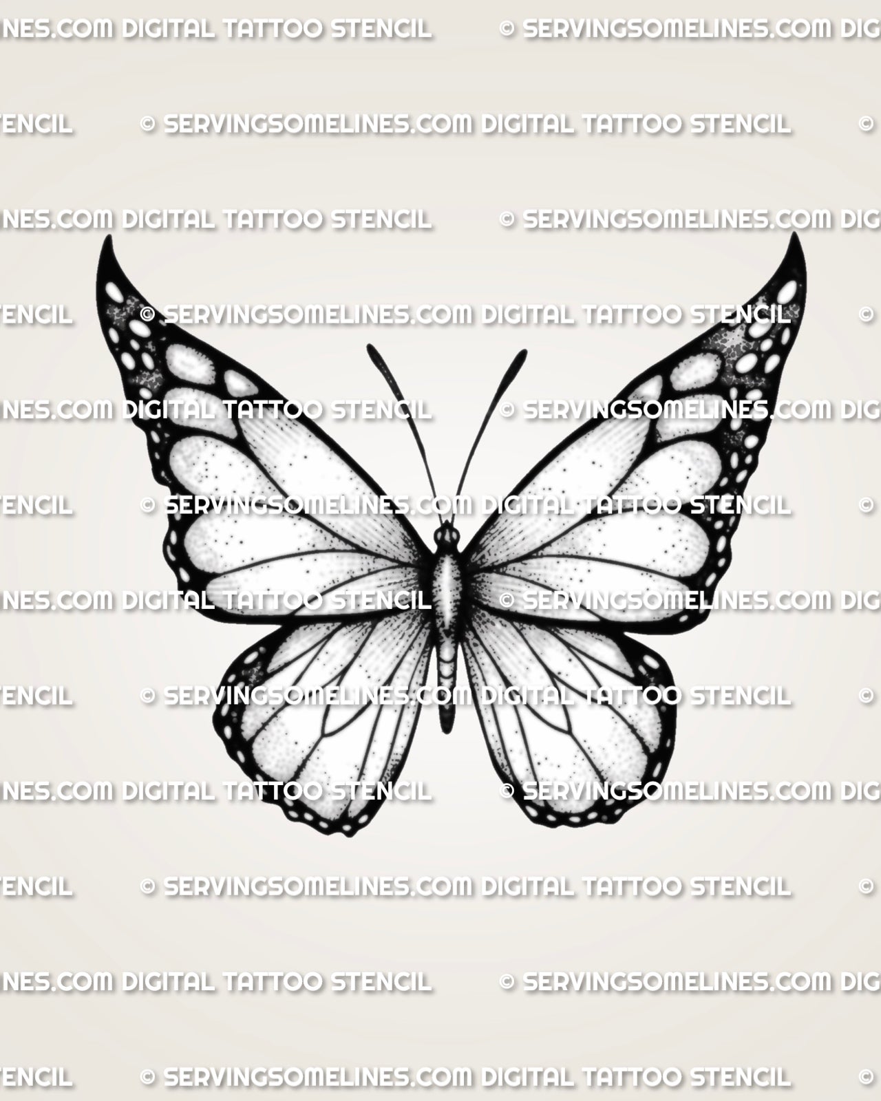 Black and white butterfly tattoo stencil design with bold wing edges, fine line sections, and soft dot shading