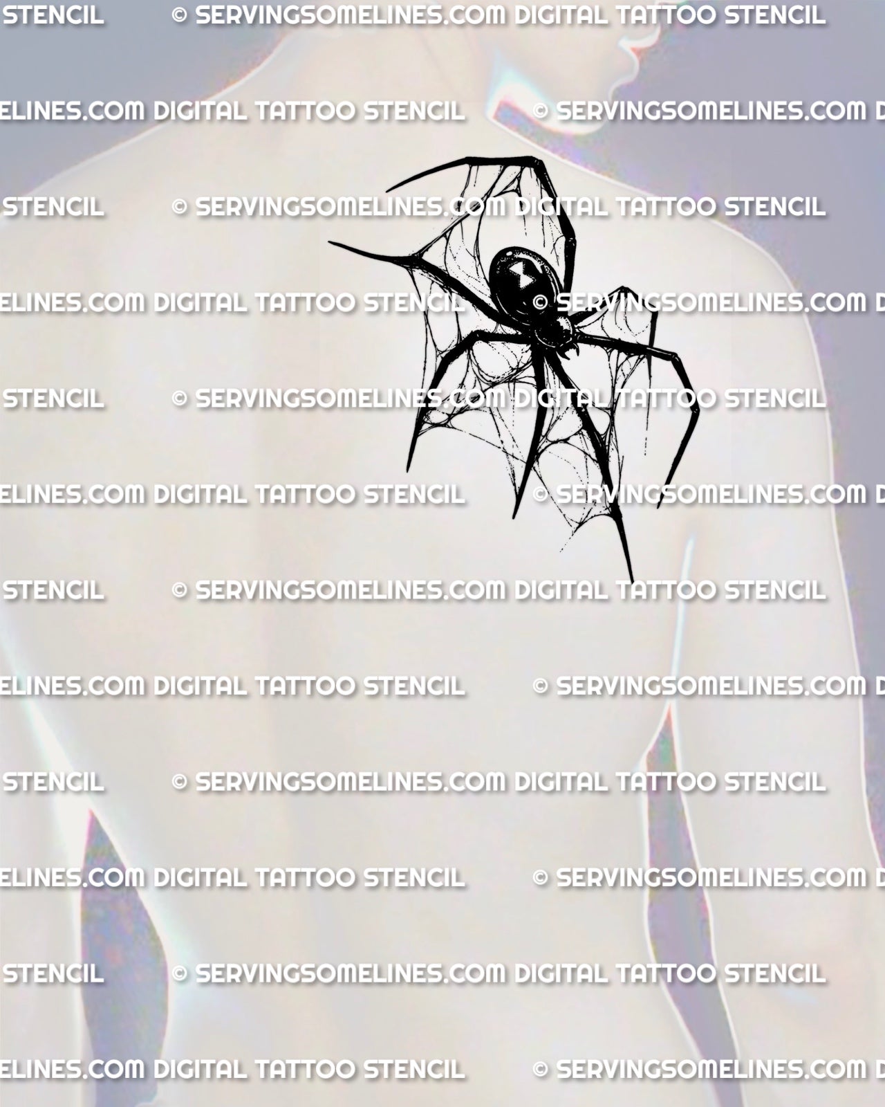 Black widow spider tattoo shown on men’s shoulder back placement with web linework, bold body, and sharp legs.