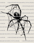 Black widow spider tattoo stencil with hourglass abdomen detail, sharp legs, thin web linework, and bold black body.