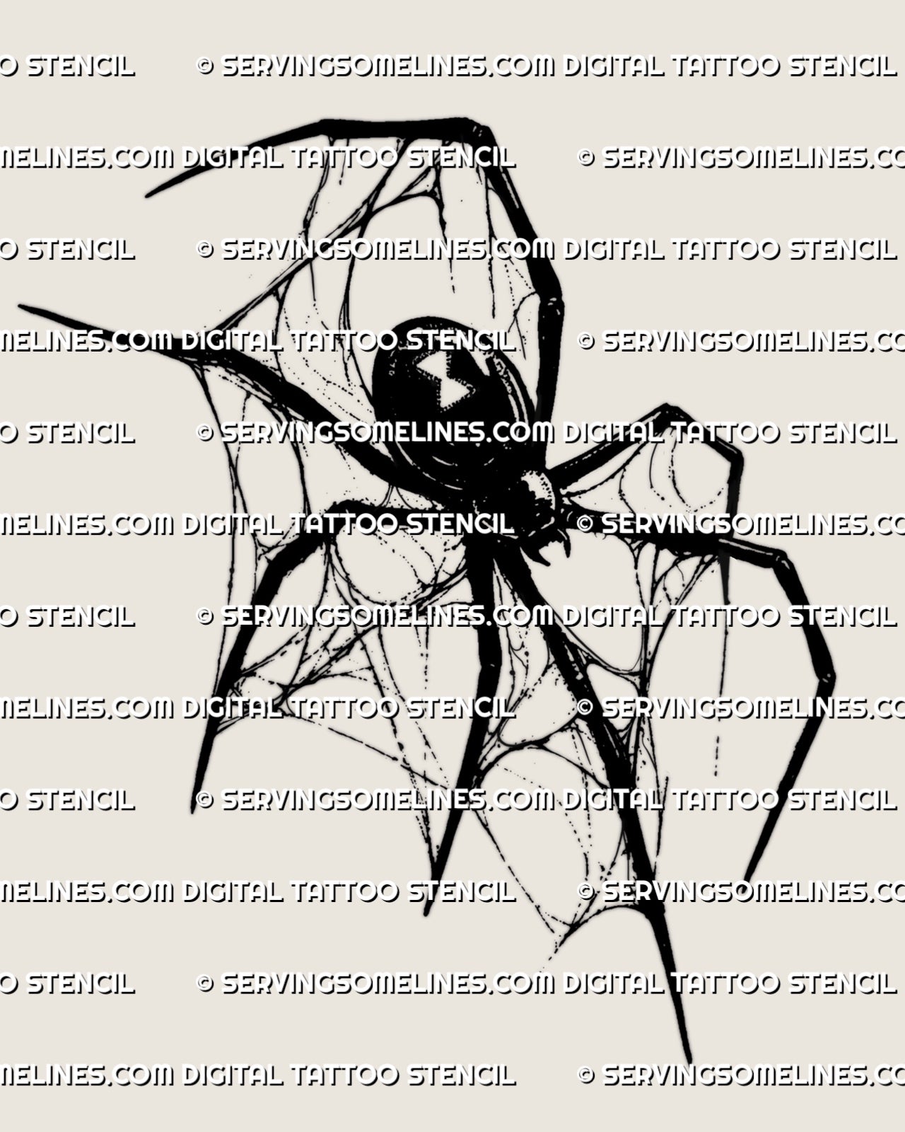 Black widow spider tattoo stencil with hourglass abdomen detail, sharp legs, thin web linework, and bold black body.