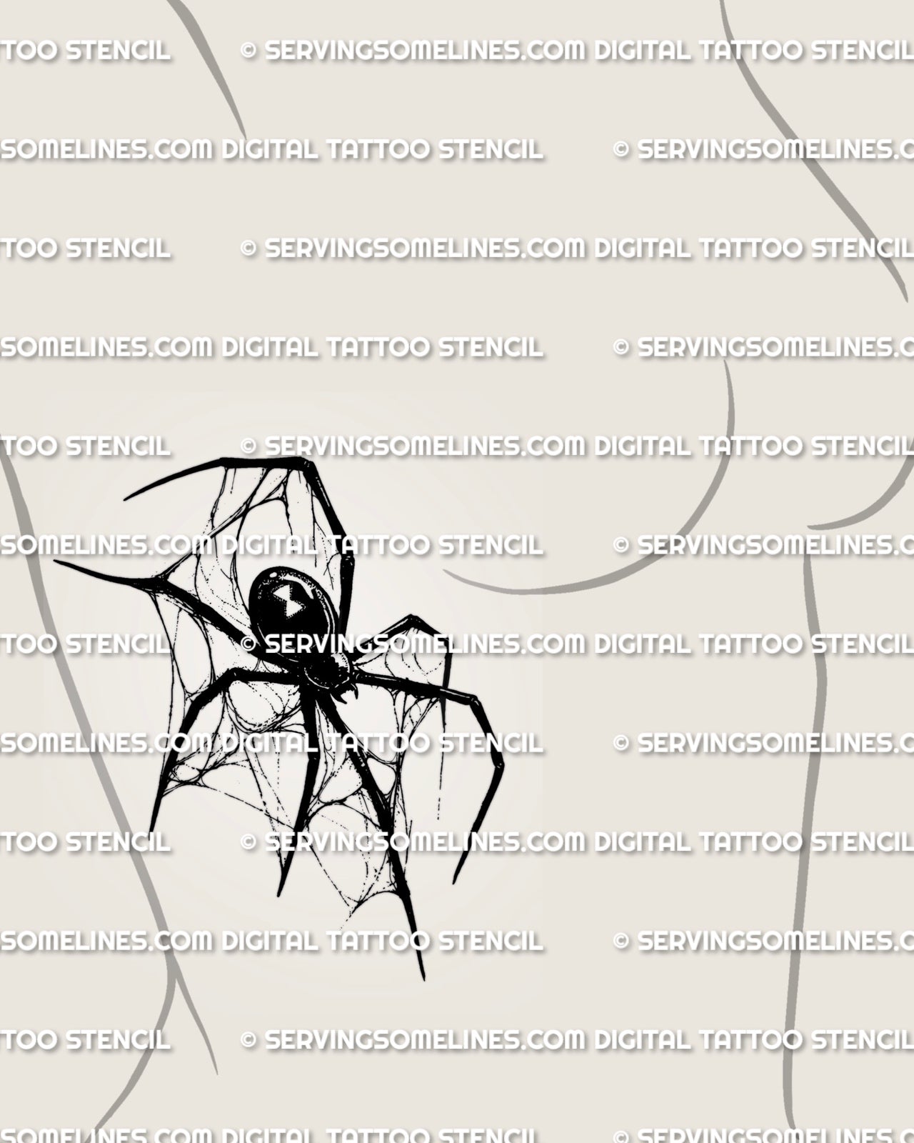 Black widow spider tattoo shown on women’s ribs placement with thin web linework, dark body, and hourglass detail.