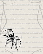 Black widow tattoo shown on female side stomach placement with sharp spider legs, web texture, and bold black body.
