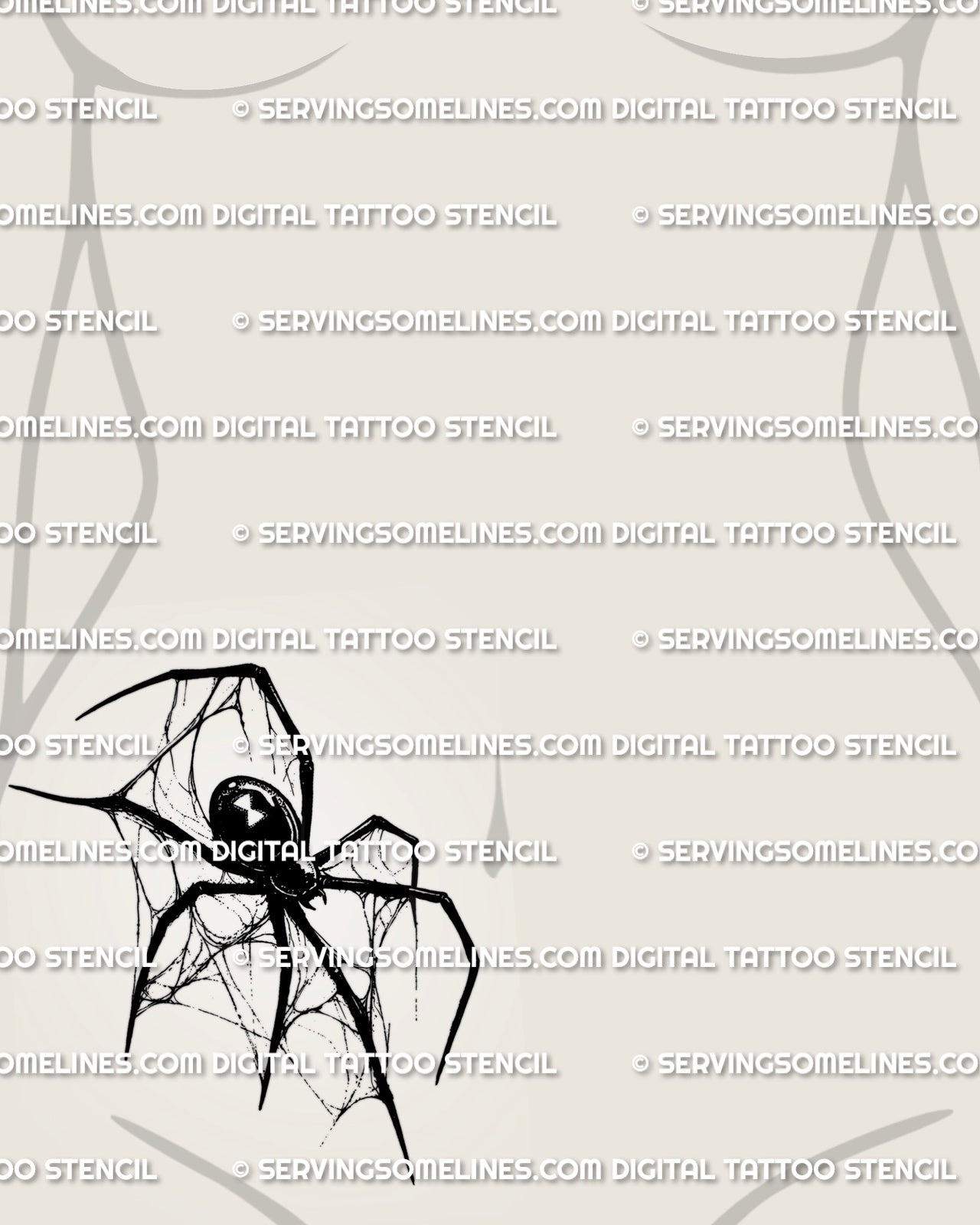 Black widow tattoo shown on female side stomach placement with sharp spider legs, web texture, and bold black body.