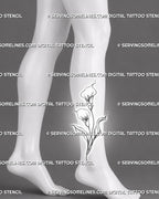 Black and white calla lily tattoo shown on the lower leg with two trumpet-shaped blooms, long stems, detailed leaves, and a flowing vertical composition