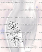 Black and white water lily tattoo shown on a female hip with two open blooms, broad lily pads, fine stippling, slender stems, and pond ripples