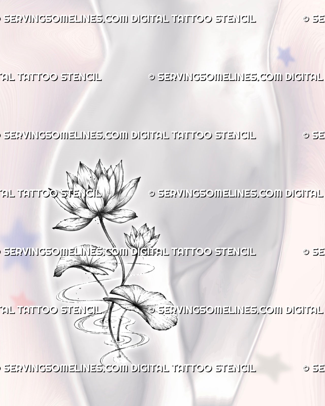 Black and white water lily tattoo shown on a female hip with two open blooms, broad lily pads, fine stippling, slender stems, and pond ripples