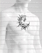 Blackwork crescent moon tattoo shown on men’s chest placement with sharp gothic edges and ornamental star details