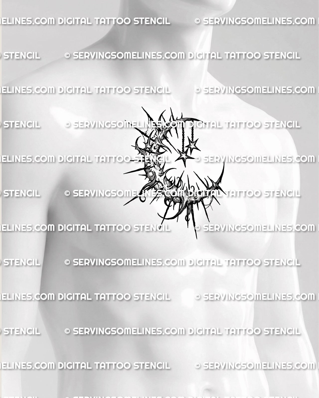 Blackwork crescent moon tattoo shown on men’s chest placement with sharp gothic edges and ornamental star details