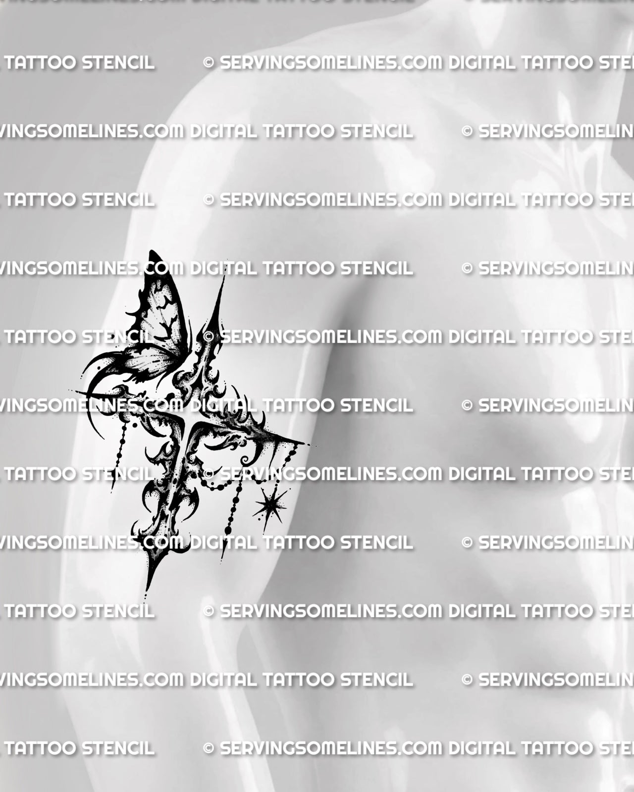 Blackwork cross tattoo shown on men’s upper arm placement with butterfly detail, gothic linework, and hanging star charm